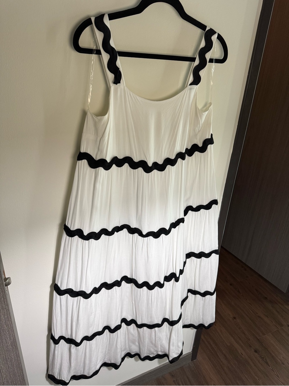 Sleeveless White Maxi Dress with Black Ruffle Trim
